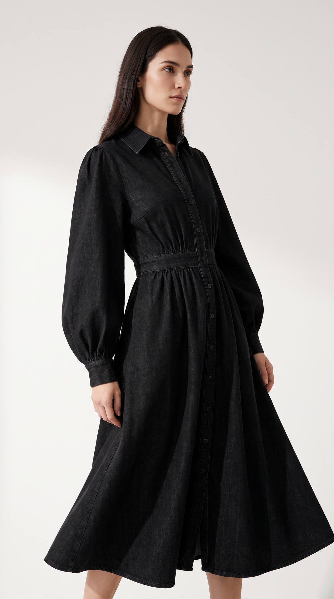 Denim Maxi Shirt Dress - Black