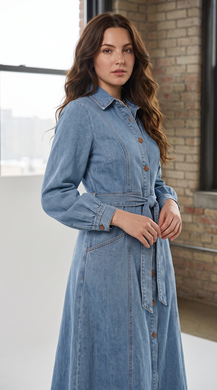 Denim Balloon Sleeve Maxi Dress - Light Wash