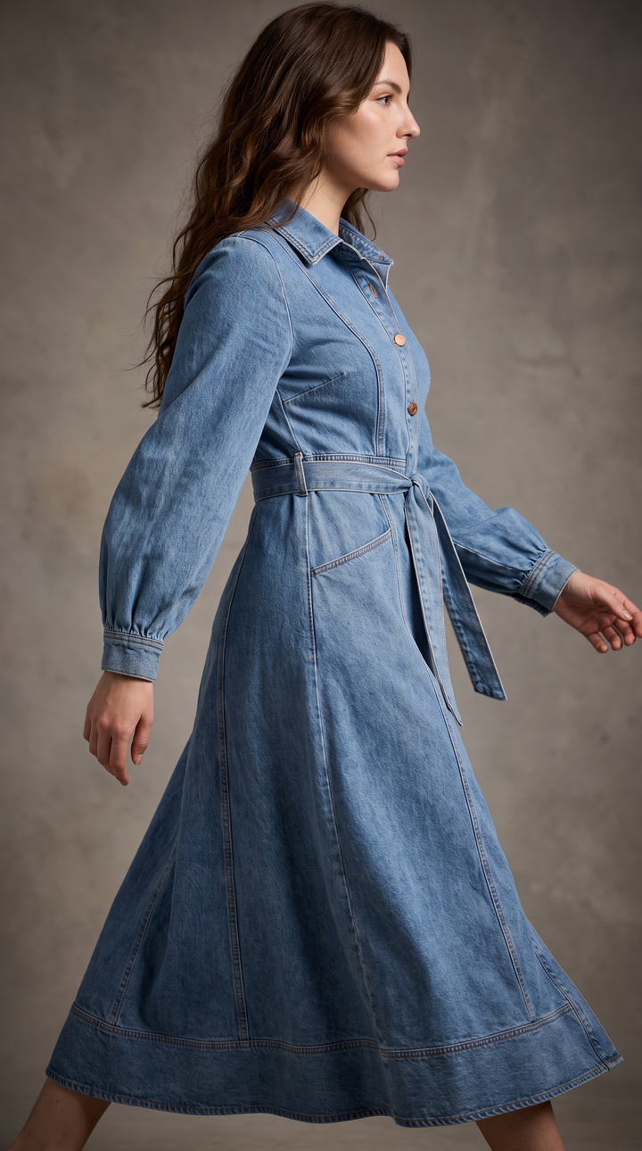Denim Balloon Sleeve Maxi Dress - Light Wash