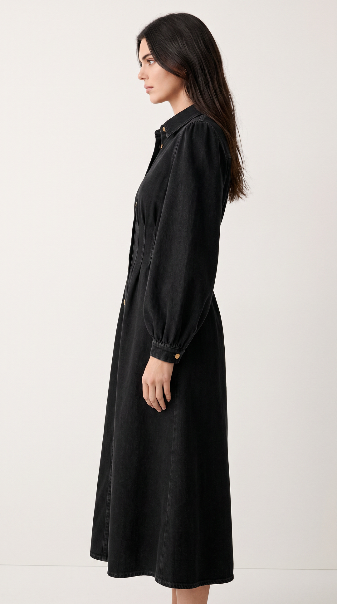 Denim Maxi Shirt Dress - Black