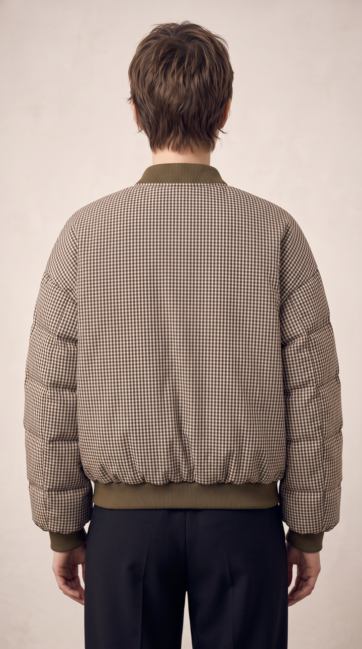 Gingham Check Puffer Bomber - Brown Check