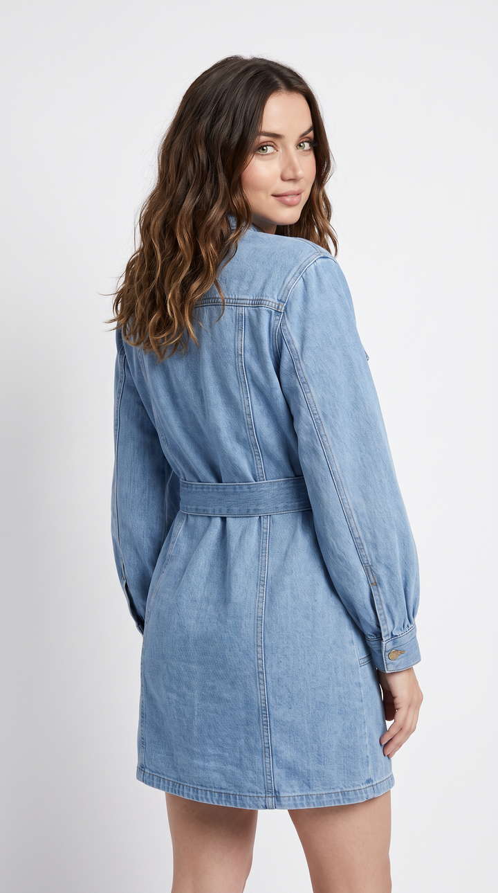 Denim Balloon Sleeve Mini Dress - Denim Wash