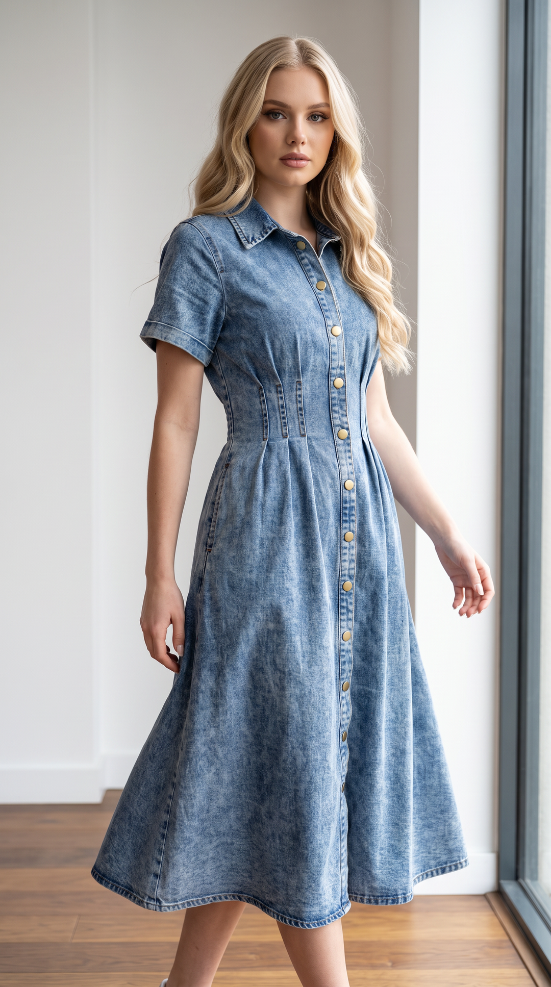 Denim Button-Through Midi Dress - Light Denim