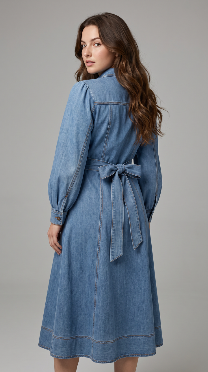 Denim Balloon Sleeve Maxi Dress - Light Wash