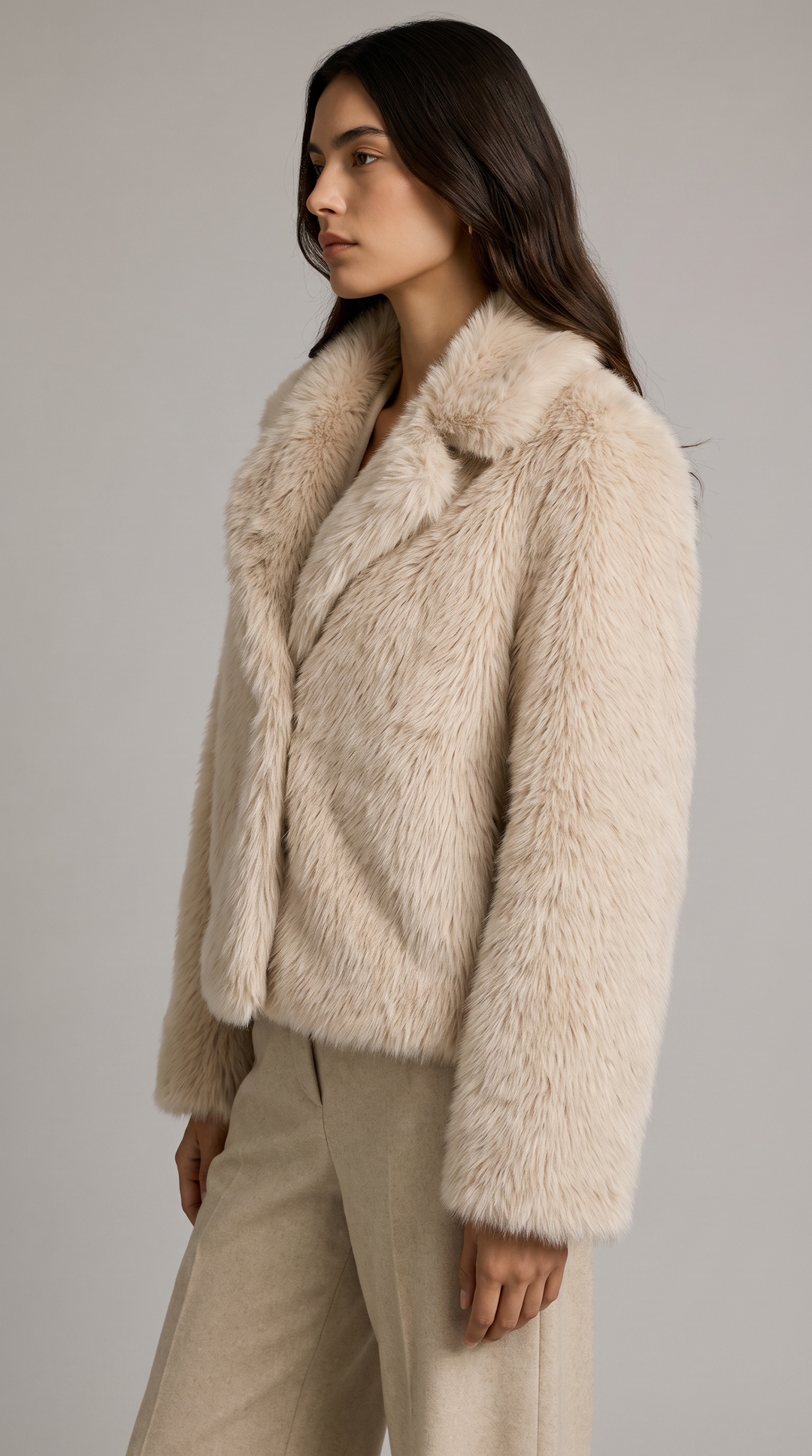 Faux Fur Cropped Jacket - Beige