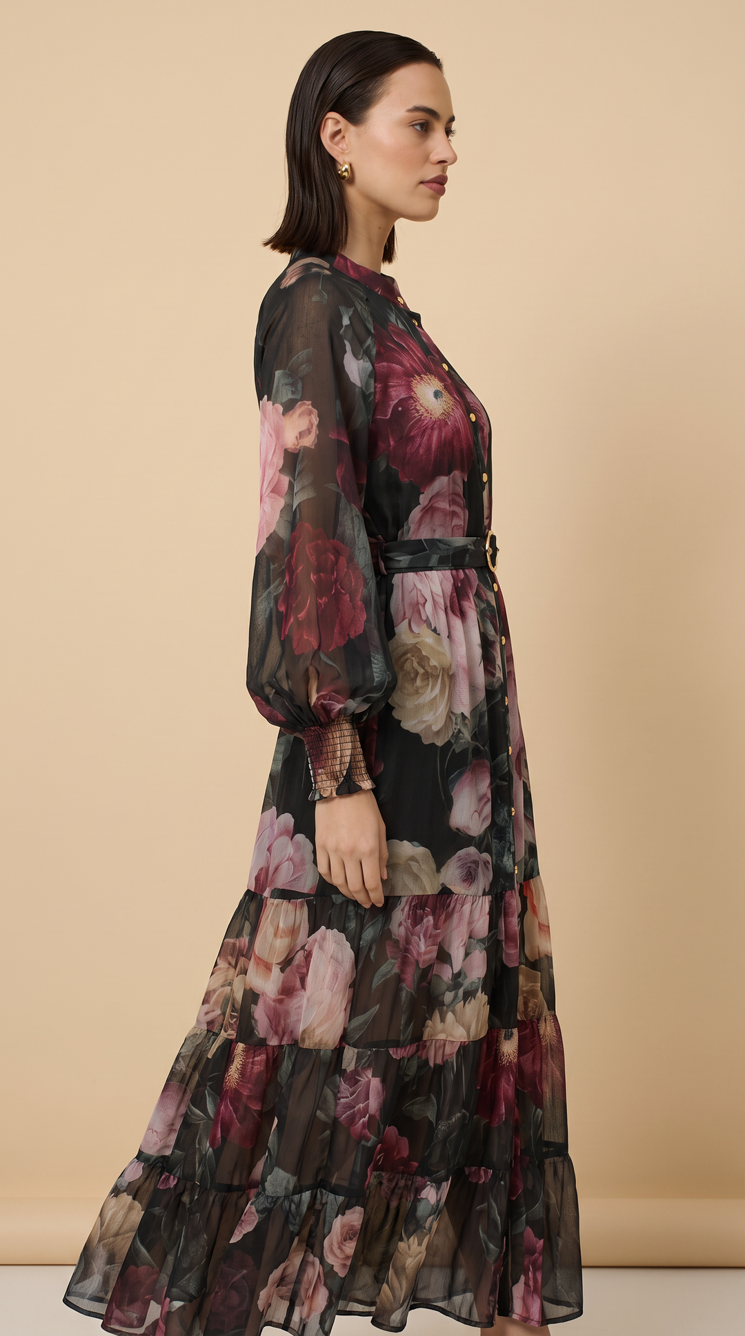 Floral Print Balloon Sleeve Maxi Dress - Floral