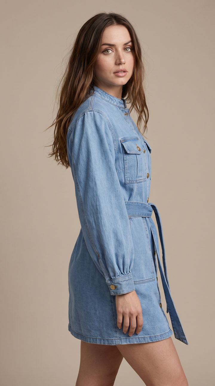 Denim Balloon Sleeve Mini Dress - Denim Wash