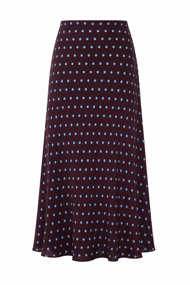 Polka Dot Bias-Cut Midi Skirt — Plum