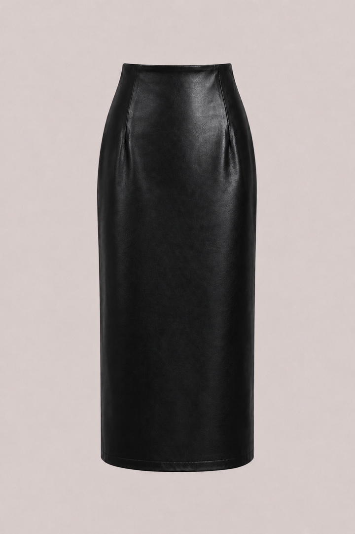 Faux Leather Pencil Midi Skirt — Black