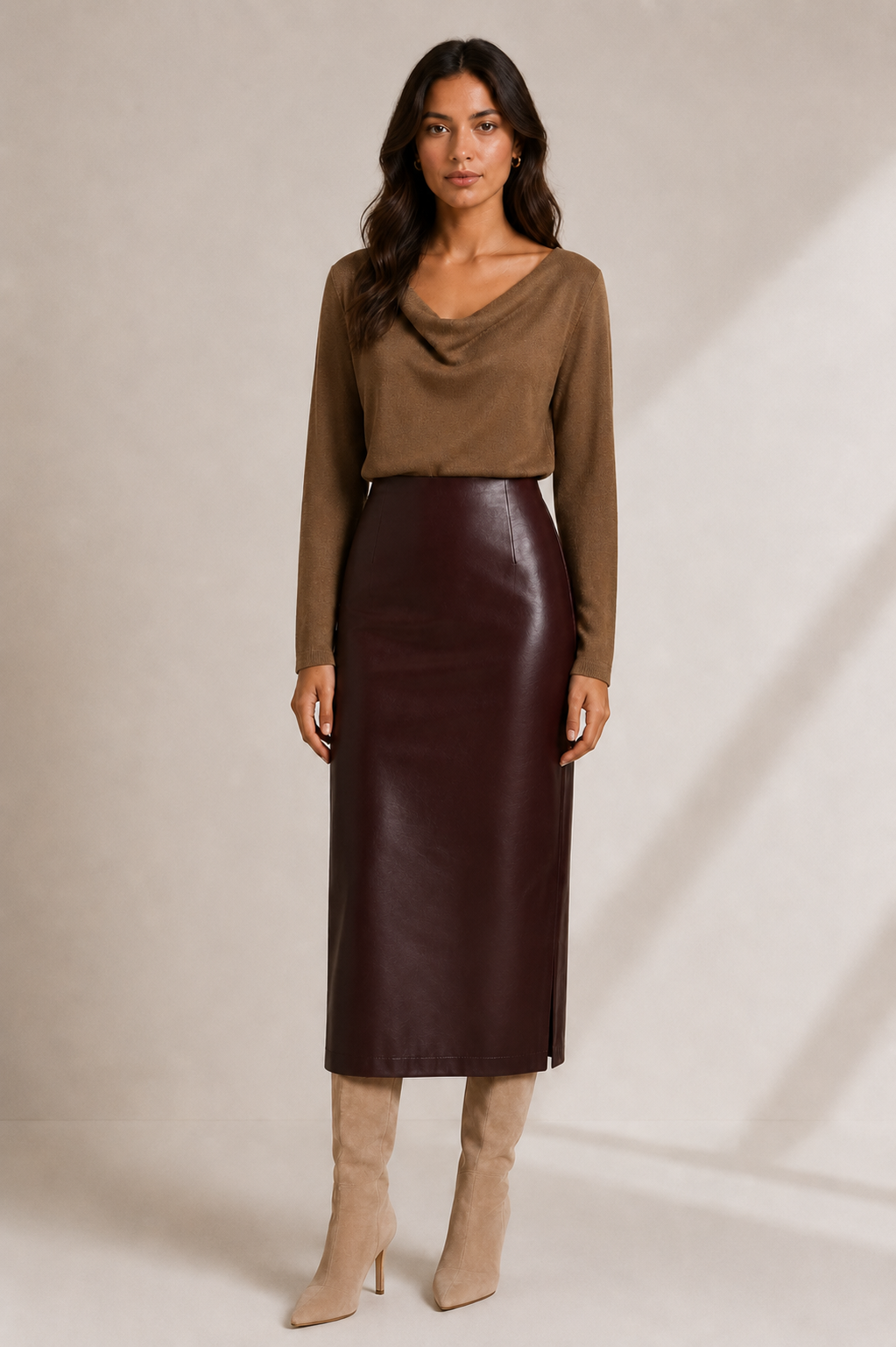 Faux Leather Pencil Midi Skirt — Chocolate