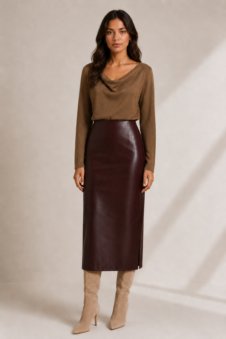 Faux Leather Pencil Midi Skirt — Chocolate