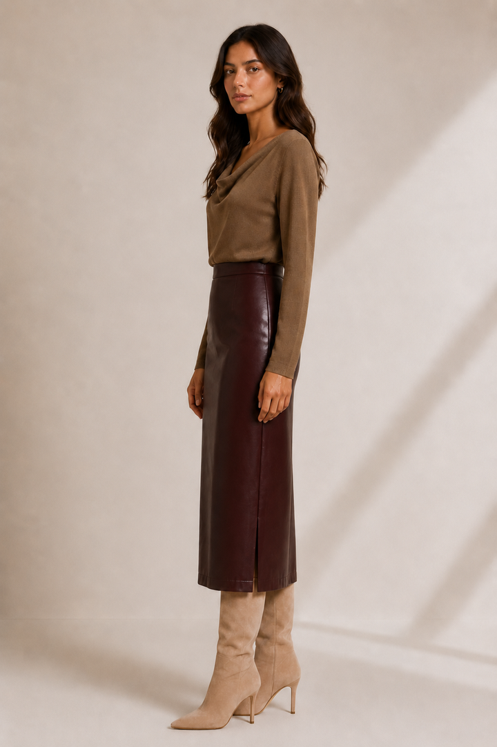 Faux Leather Pencil Midi Skirt — Chocolate
