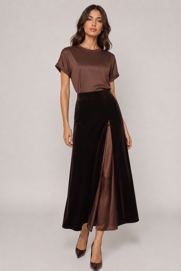Velvet Midi Skirt with Satin Panel — Brown