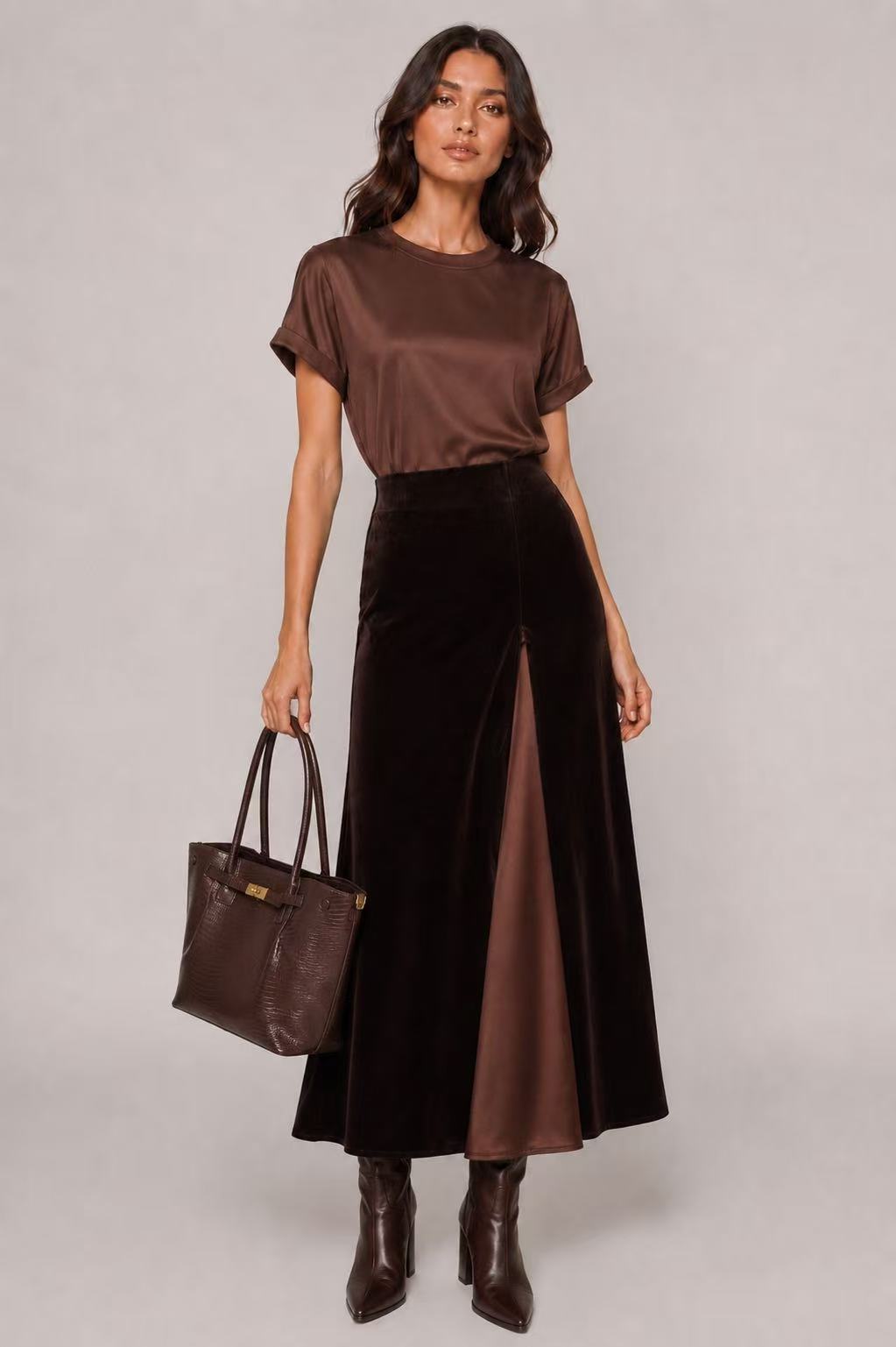 Velvet Midi Skirt with Satin Panel — Brown