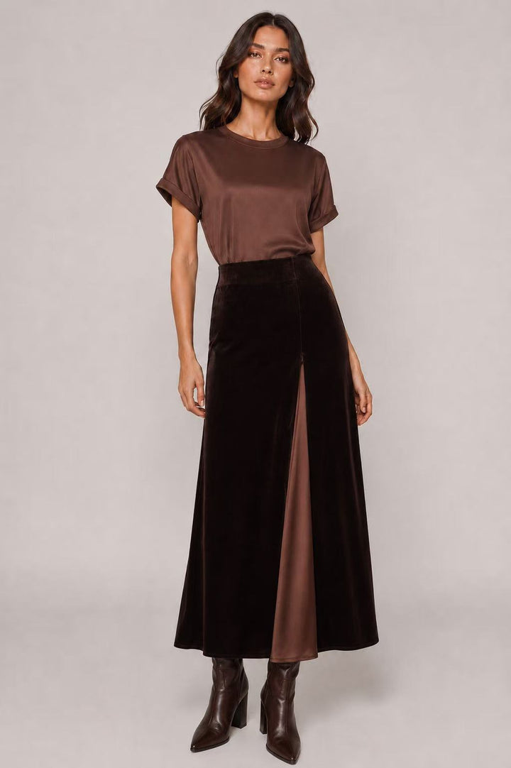 Velvet Midi Skirt with Satin Panel — Brown