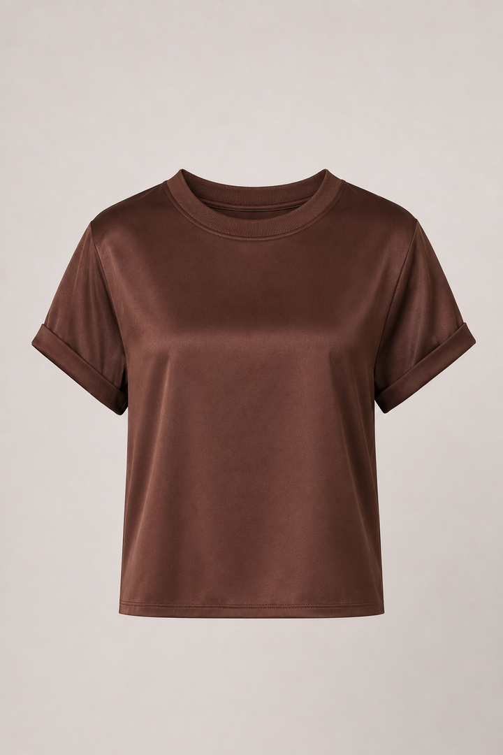 Satin Crew Neck Tee — Brown