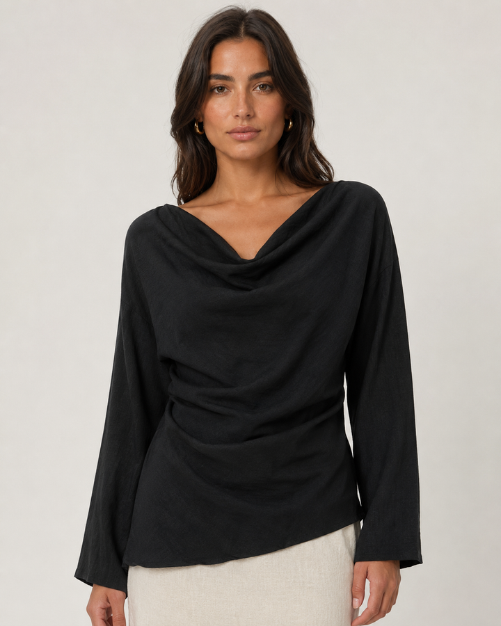 Cowl Neck Draped Top - Black