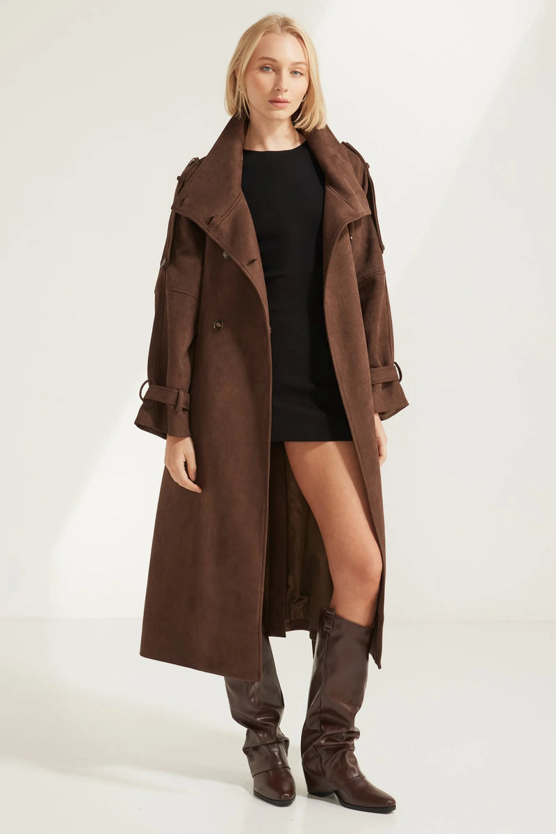 Marlowe Suede Trench Coat — Chocolate