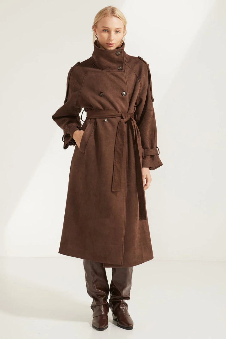 Marlowe Suede Trench Coat — Chocolate