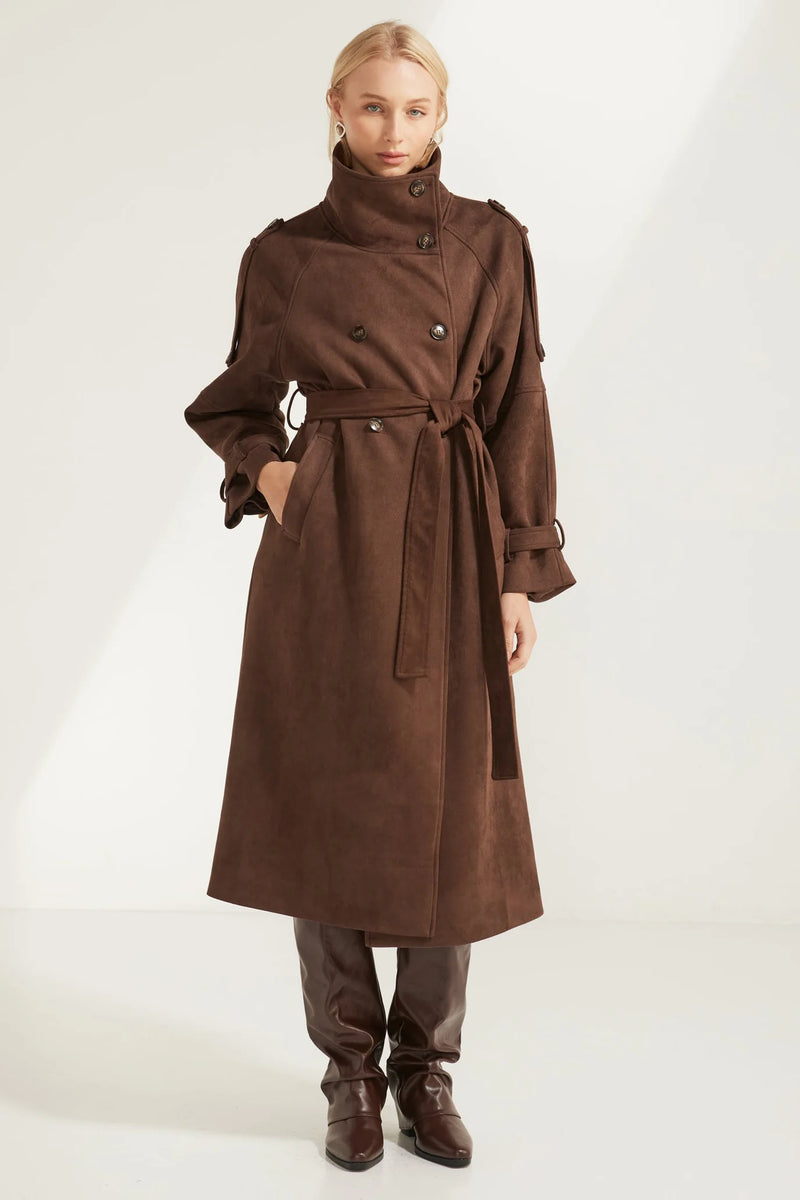 Marlowe Suede Trench Coat — Chocolate