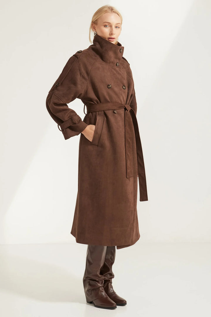 Marlowe Suede Trench Coat — Chocolate