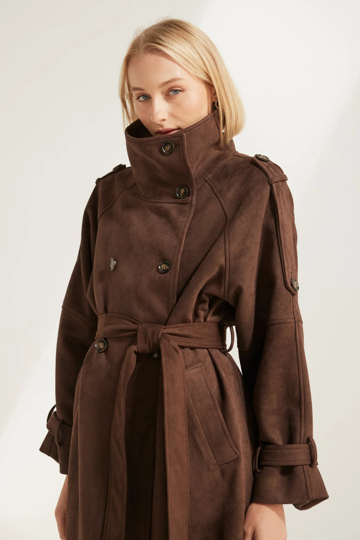 Marlowe Suede Trench Coat — Chocolate