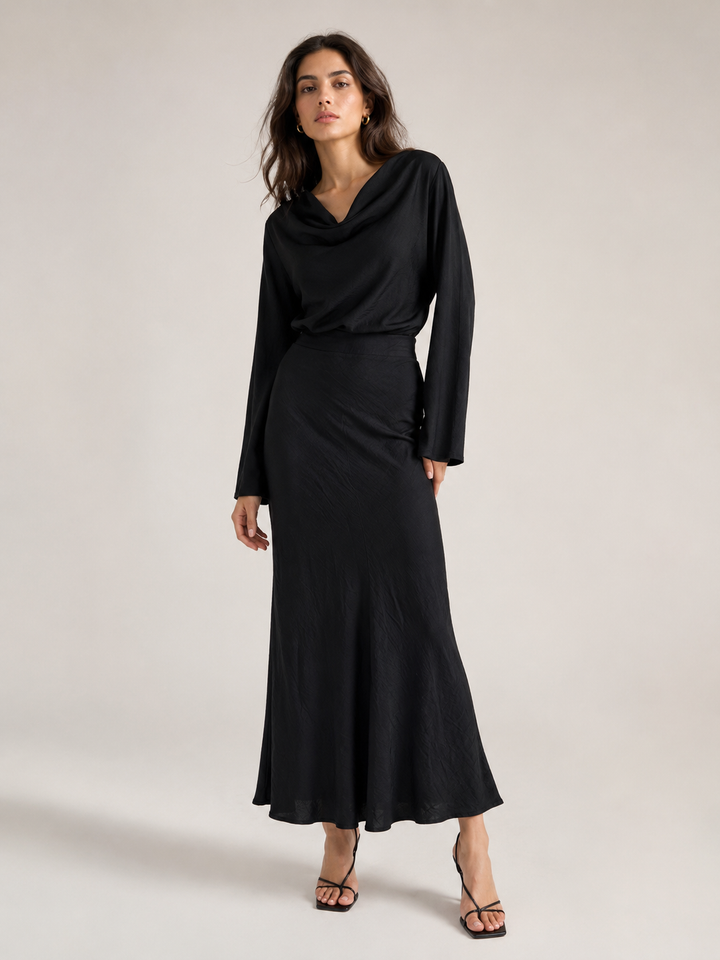 Cotton Linen Bias Maxi Skirt - Black
