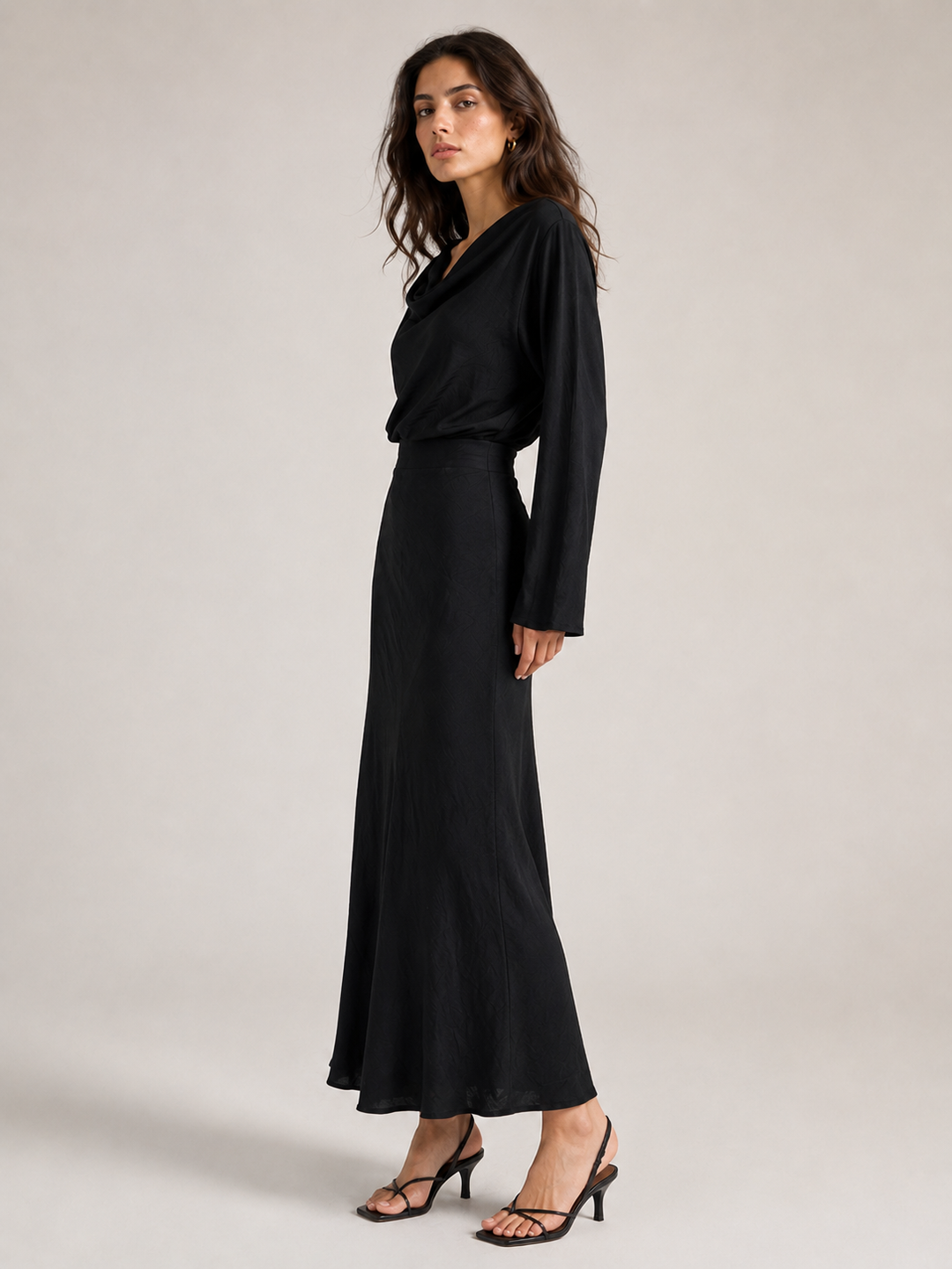 Cotton Linen Bias Maxi Skirt - Black