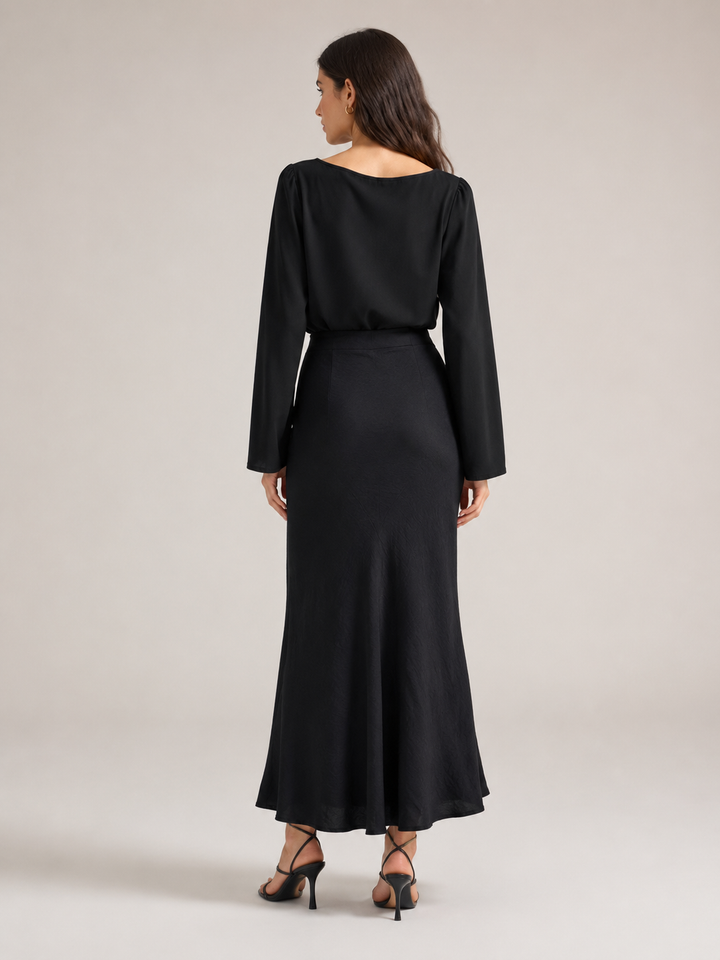 Cotton Linen Bias Maxi Skirt - Black
