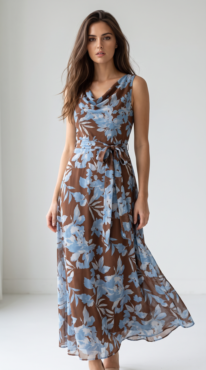 Brown Floral Cowl Neck Maxi Dress