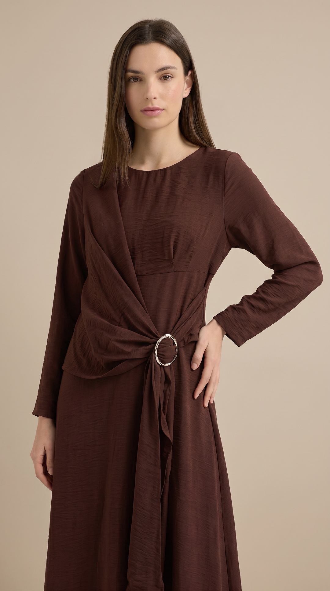 Wrap Ring Detail Maxi Dress - Brown