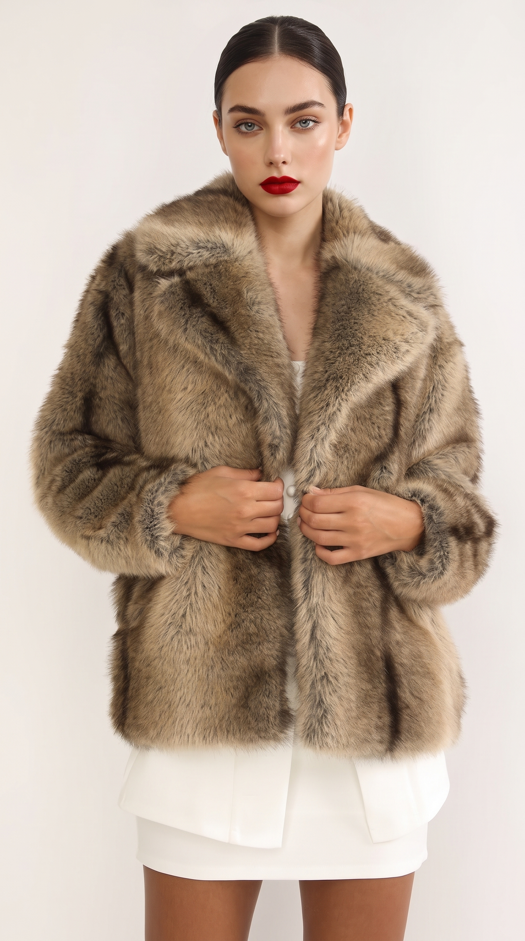 Cropped Faux Fur Jacket — Brown