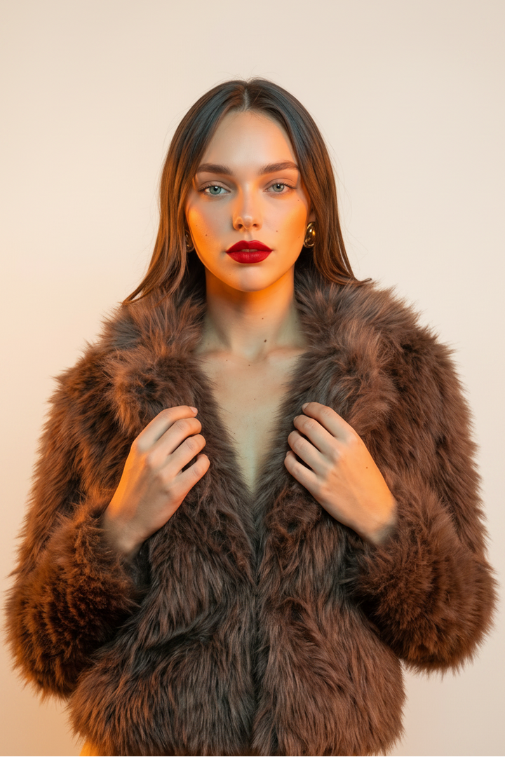Cropped Faux Fur Jacket — Brown