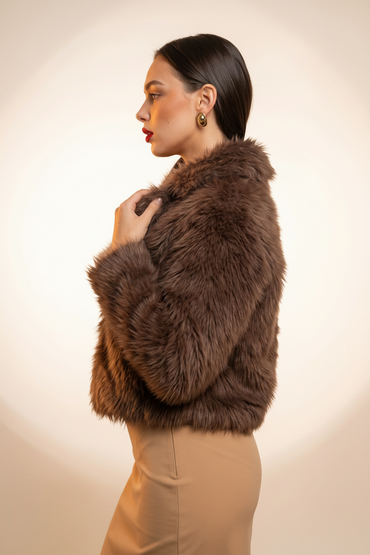 Cropped Faux Fur Jacket — Brown