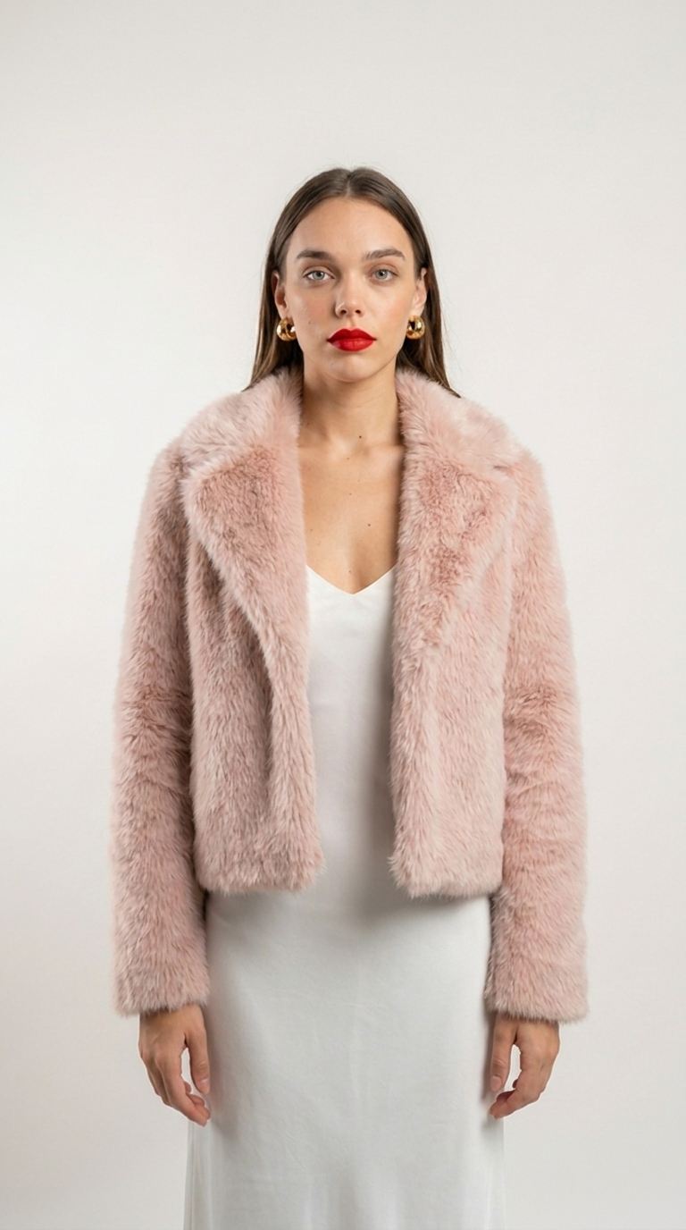 Cropped Faux Fur Jacket — Blush