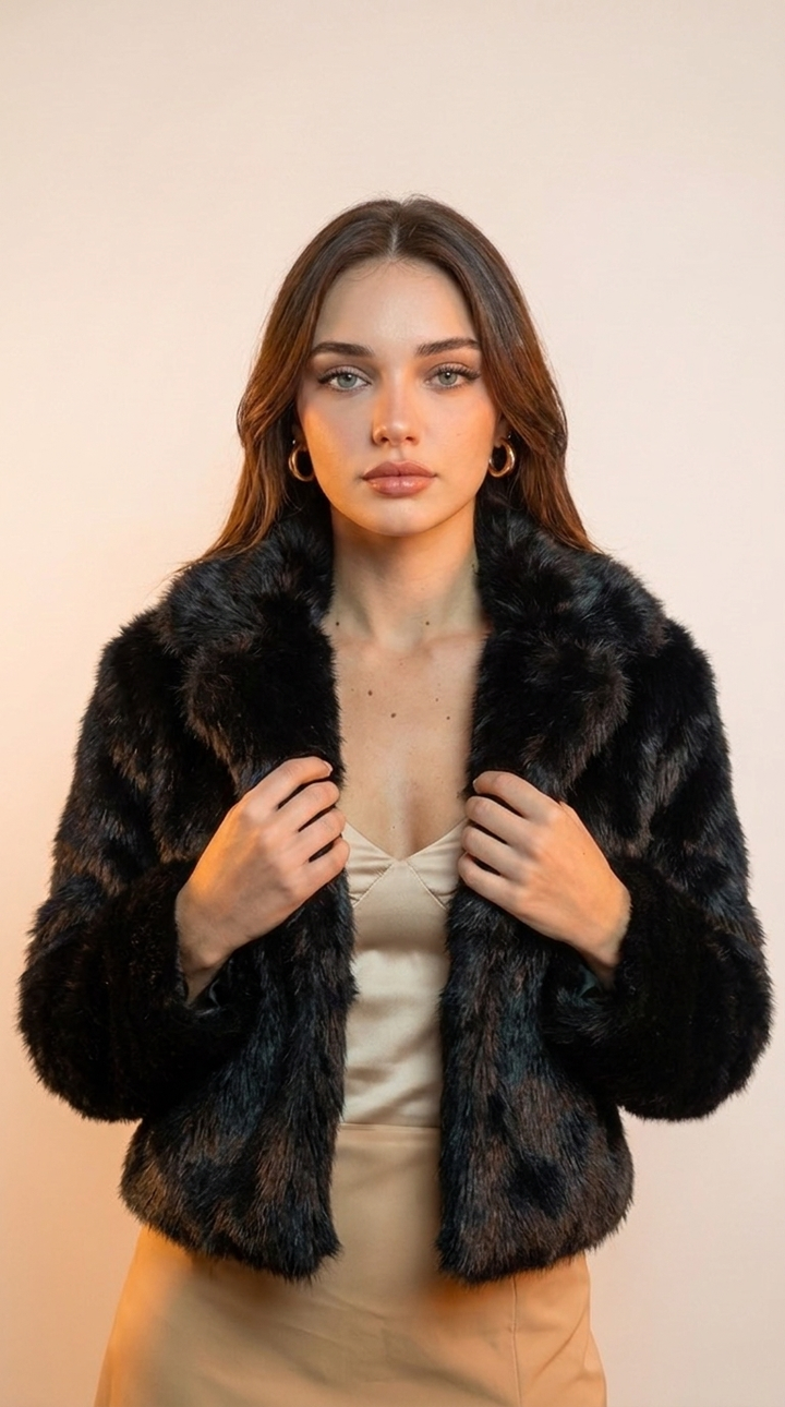 Cropped Faux Fur Jacket — Black