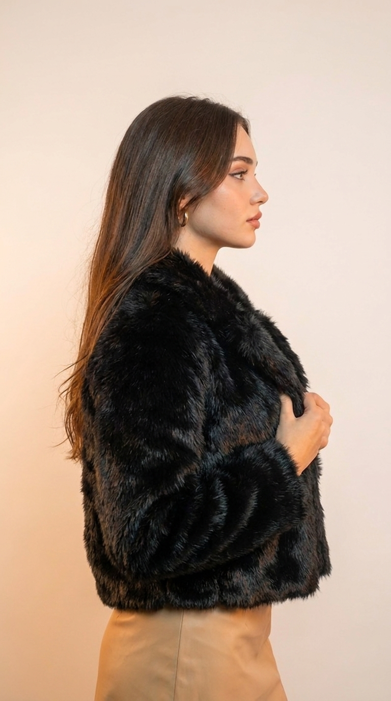 Cropped Faux Fur Jacket — Black