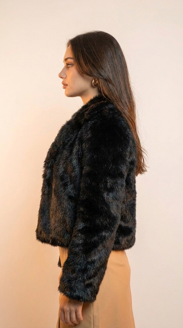 Cropped Faux Fur Jacket — Black
