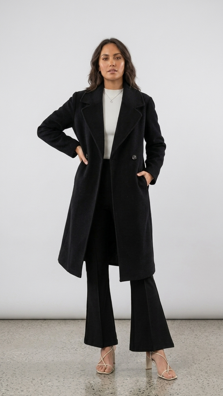 Double-Breasted Long Wool-Blend Coat — Black