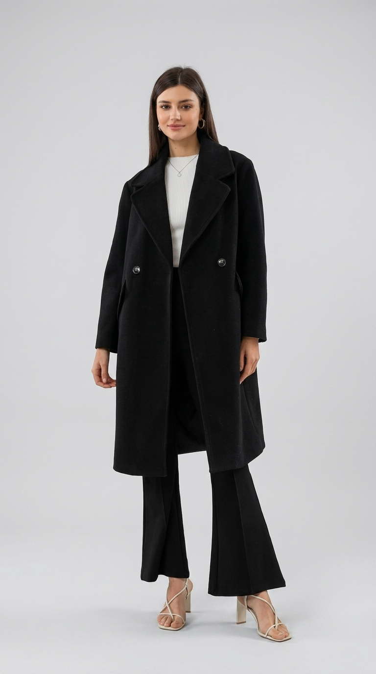 Double-Breasted Long Wool-Blend Coat — Black