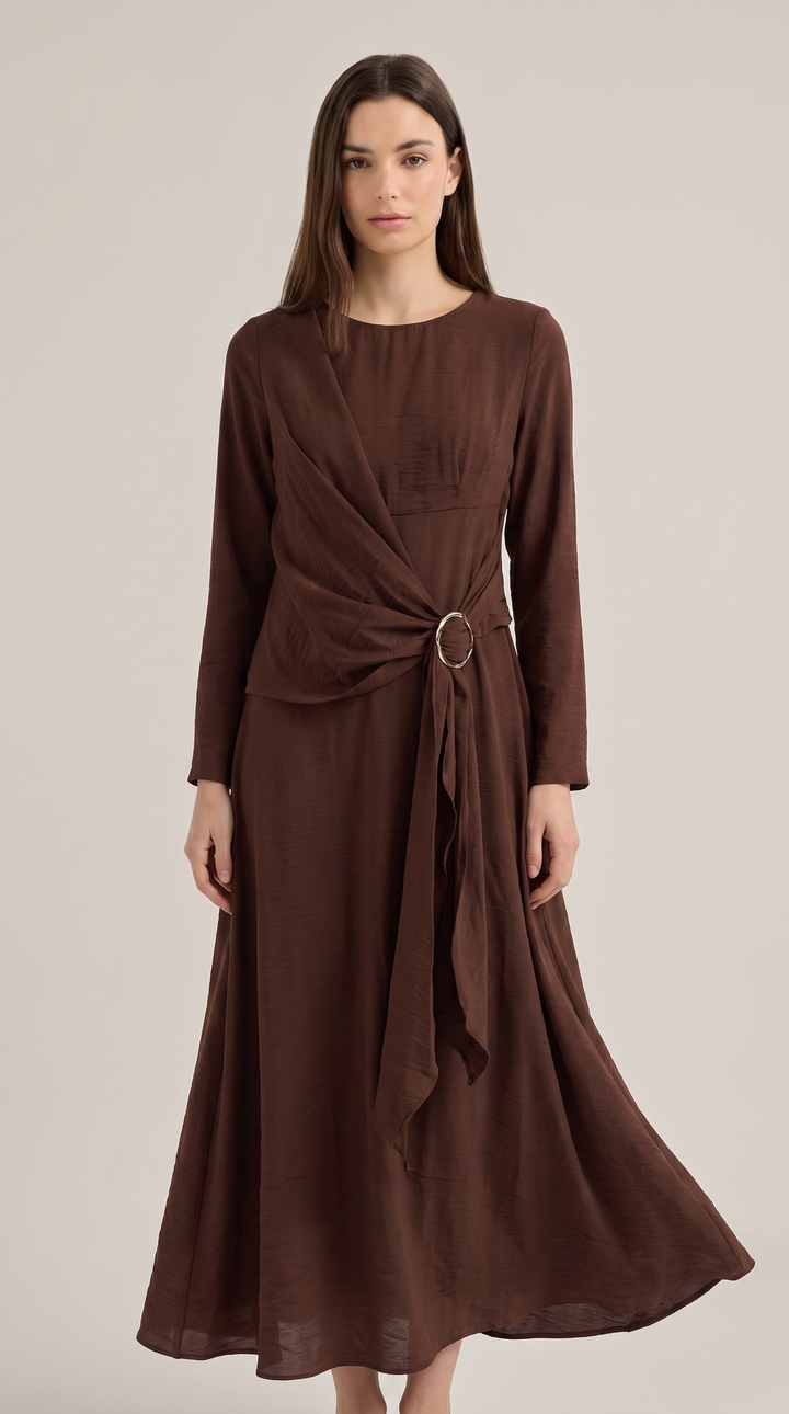 Wrap Ring Detail Maxi Dress - Brown