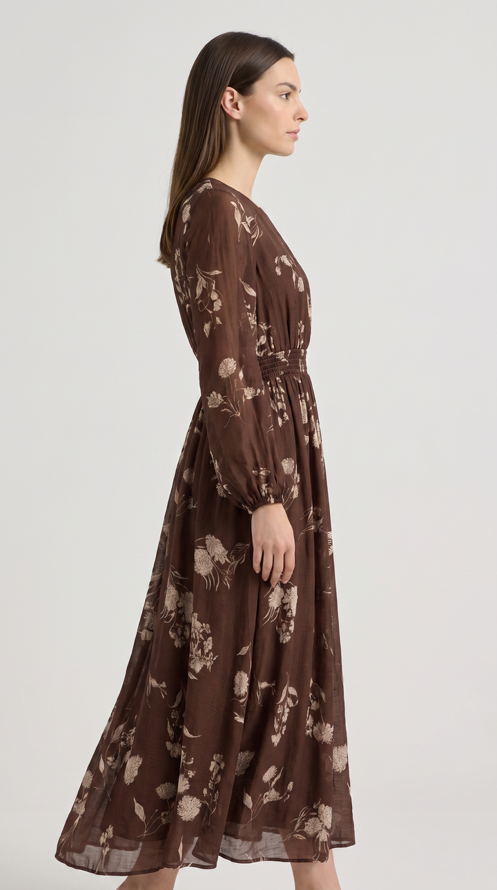 Brown Floral Print Sheer Sleeve Midi Dress