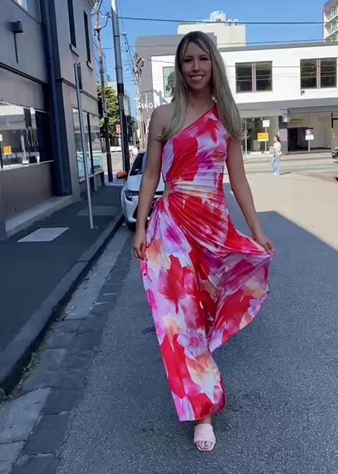 Camelia pleat dress - Pink and red floral print