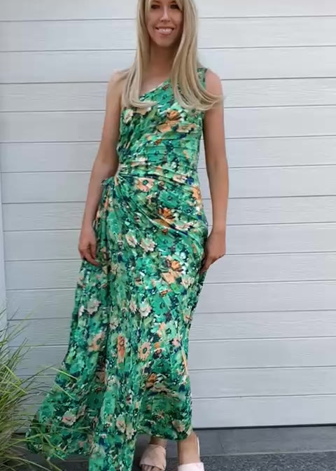 Camelia pleat dress - green and orange floral print