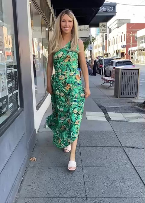 Camelia pleat dress - green and orange floral print