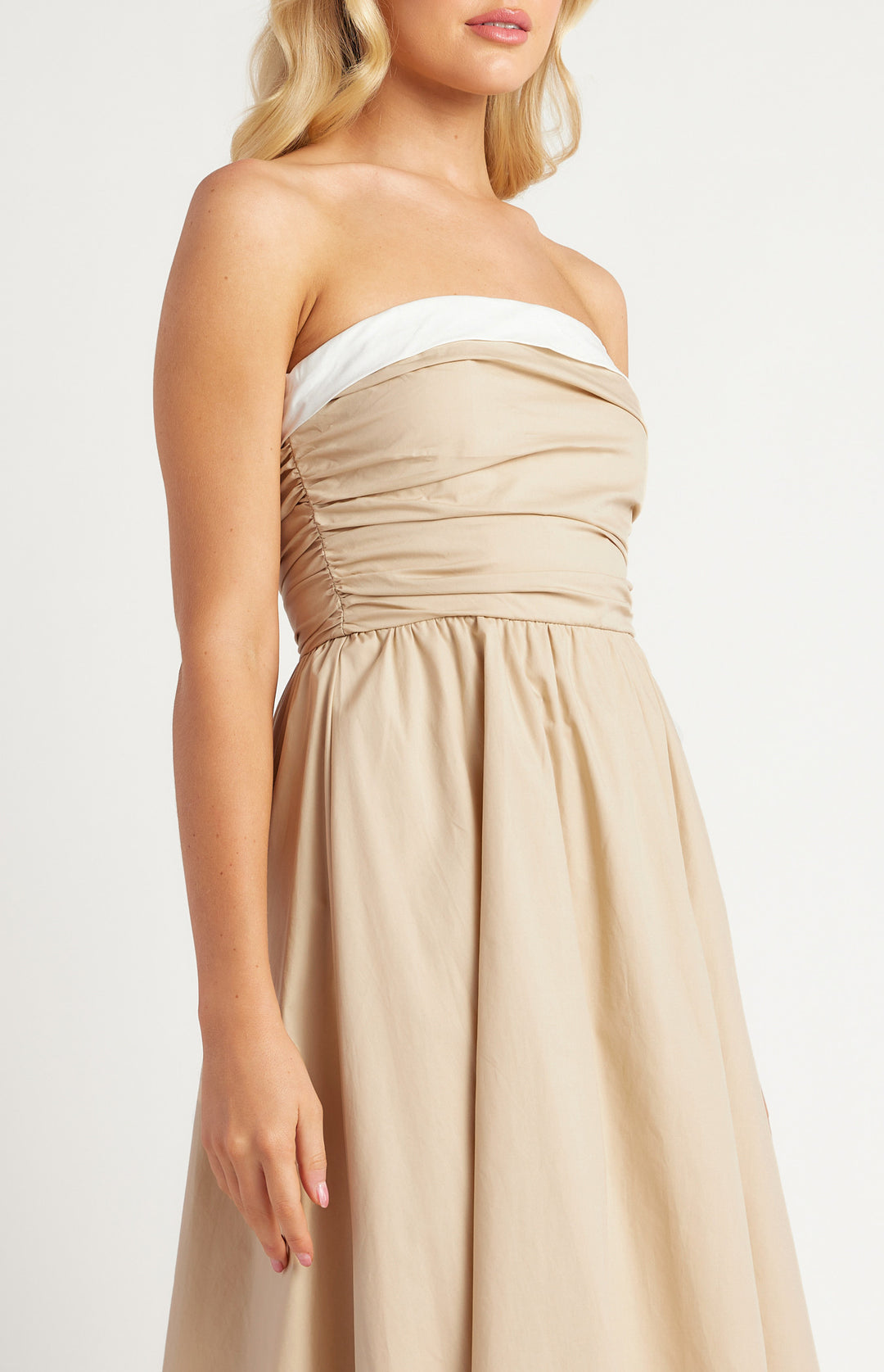 Cotton Contrast Neckline Ruched Midi