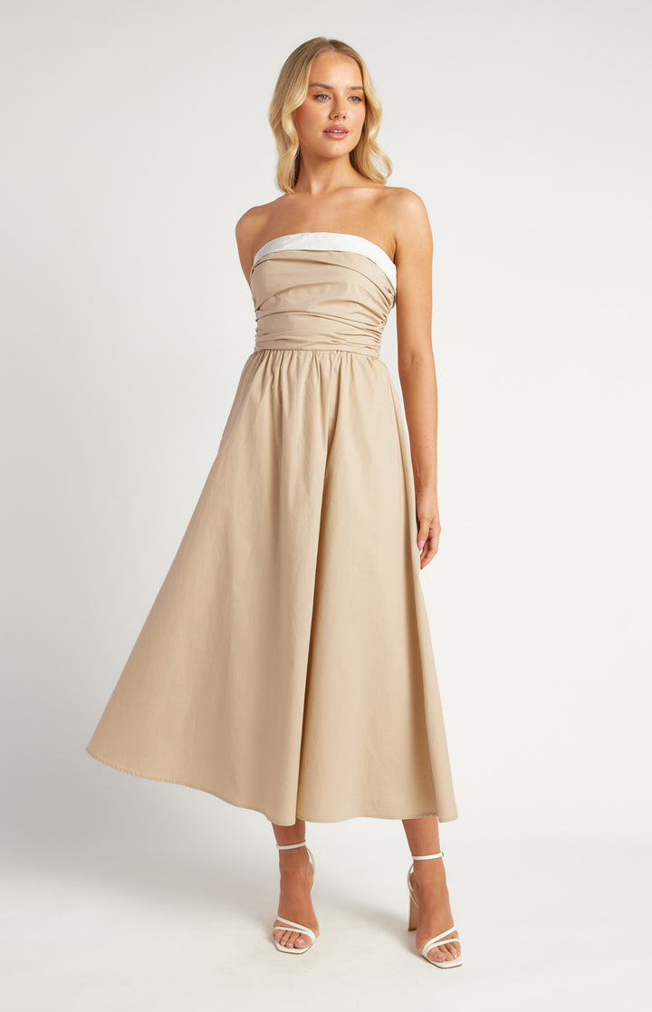 Cotton Contrast Neckline Ruched Midi