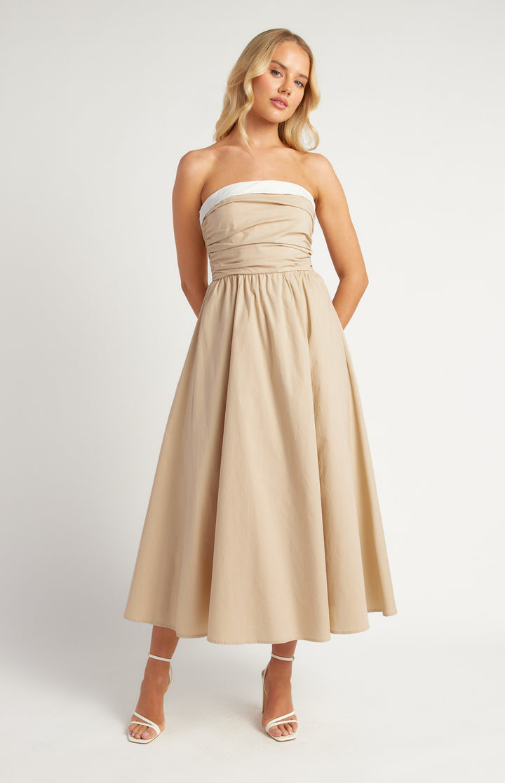 Cotton Contrast Neckline Ruched Midi