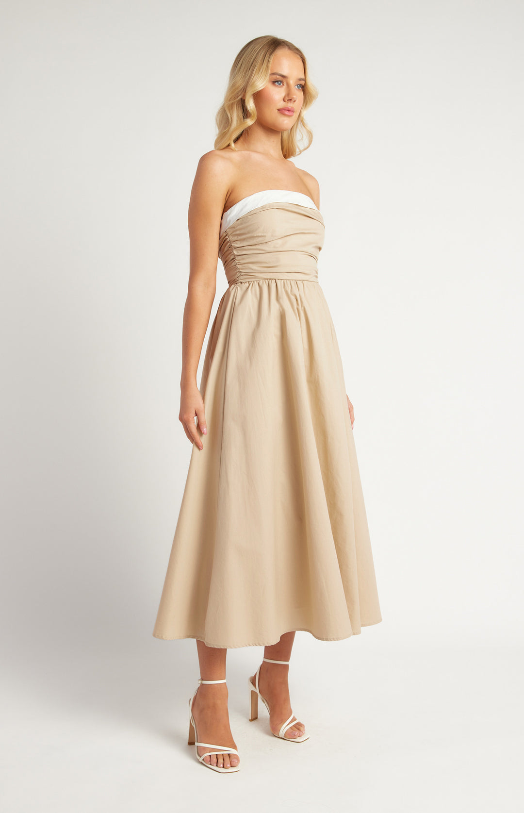 Cotton Contrast Neckline Ruched Midi