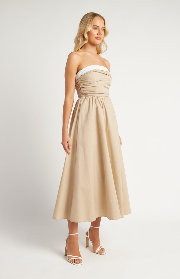 Cotton Contrast Neckline Ruched Midi